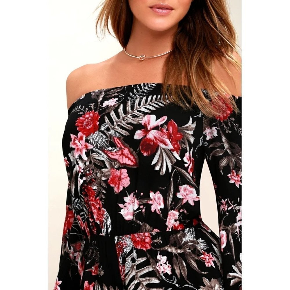 Lulus Wildwood Flower Black Tropical Print Off-the-Shoulder Romper Size M - Picture 8 of 10